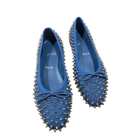Christian Louboutin Sweetie Jane Spikes Denim Flat 37 Blue - Picture 2 of 10